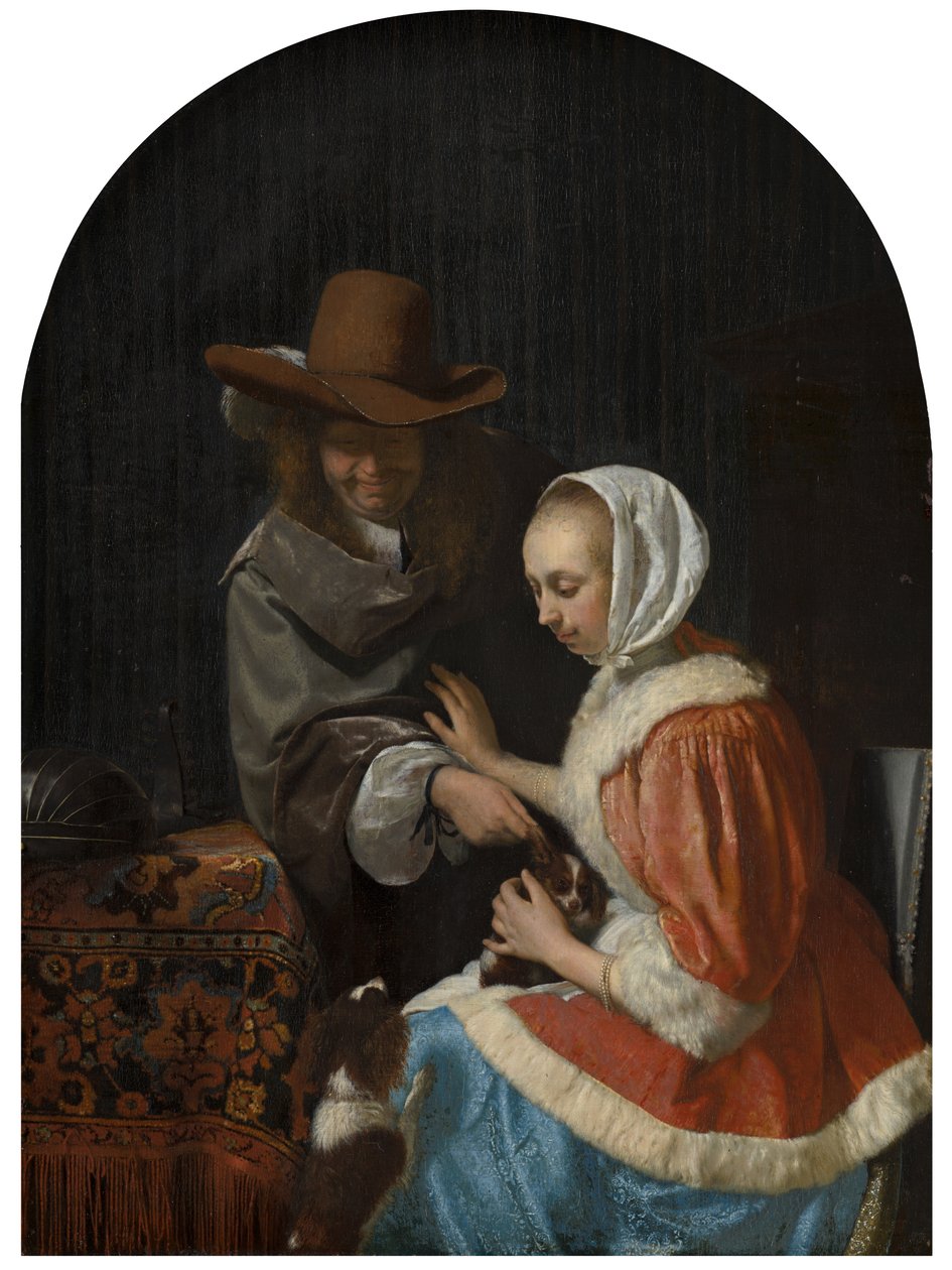 Homme et femme avec deux chiens, connu sous le nom de "Taquiner l
