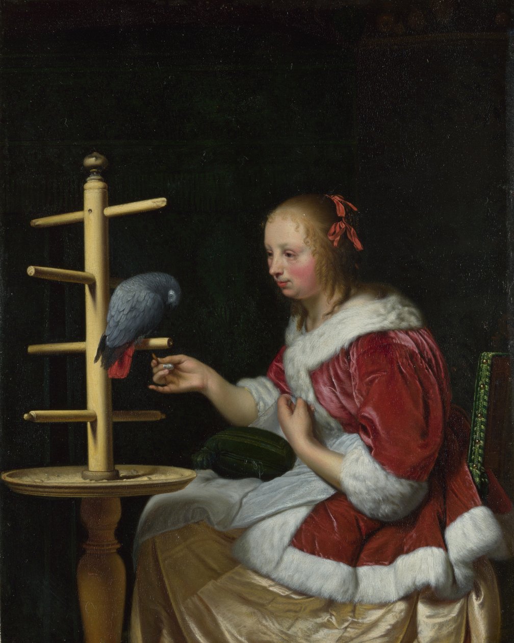 Une femme en veste rouge nourrissant un perroquet - Frans van Mieris the Elder