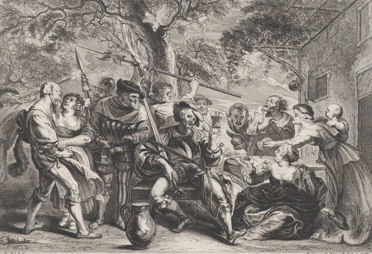 Don Quichotte et les troupes de La Santa Hermandad devant une taverne, vers 1635-79 - Frans van den Wyngaerde