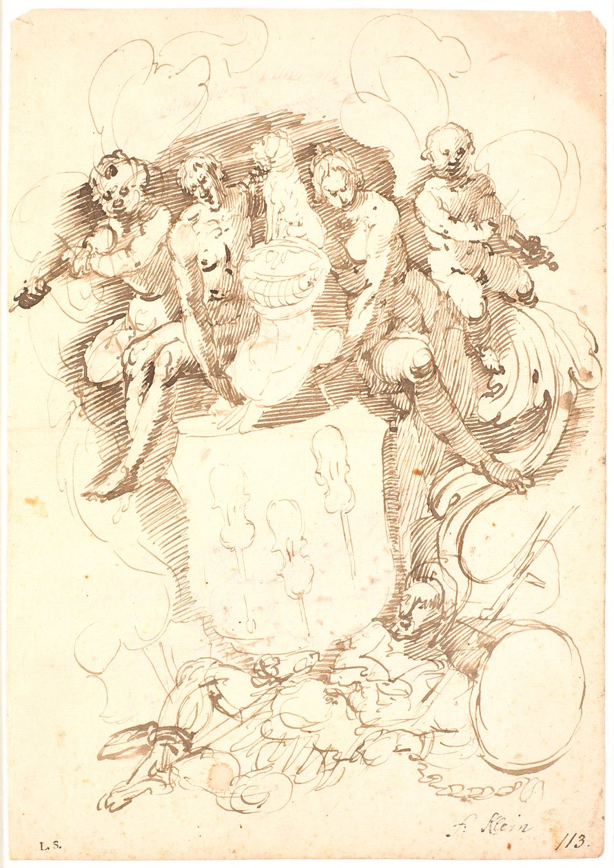 Composition héraldique : blason avec trois violons inversés, casque couronné de chien, entouré de deux figures et deux putti jouant du violon, le tout reposant sur une figure masculine allongée (Neptune ?) - Frantz Cleyn