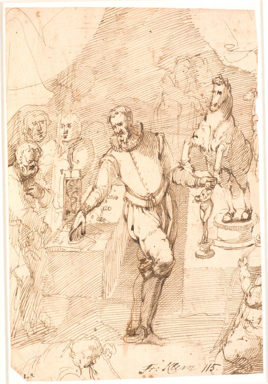 Homme debout en costume du 16e siècle, dans une pièce, entre deux tables avec des sculptures et une horloge, des pièces de monnaie, etc., ainsi que sept-huit autres personnes - Frantz Cleyn