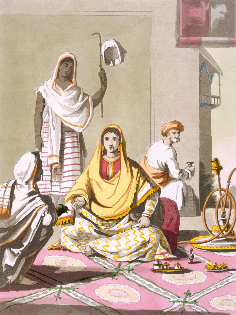 Femme indienne en tenue de cérémonie, avec invités et serviteurs, de 