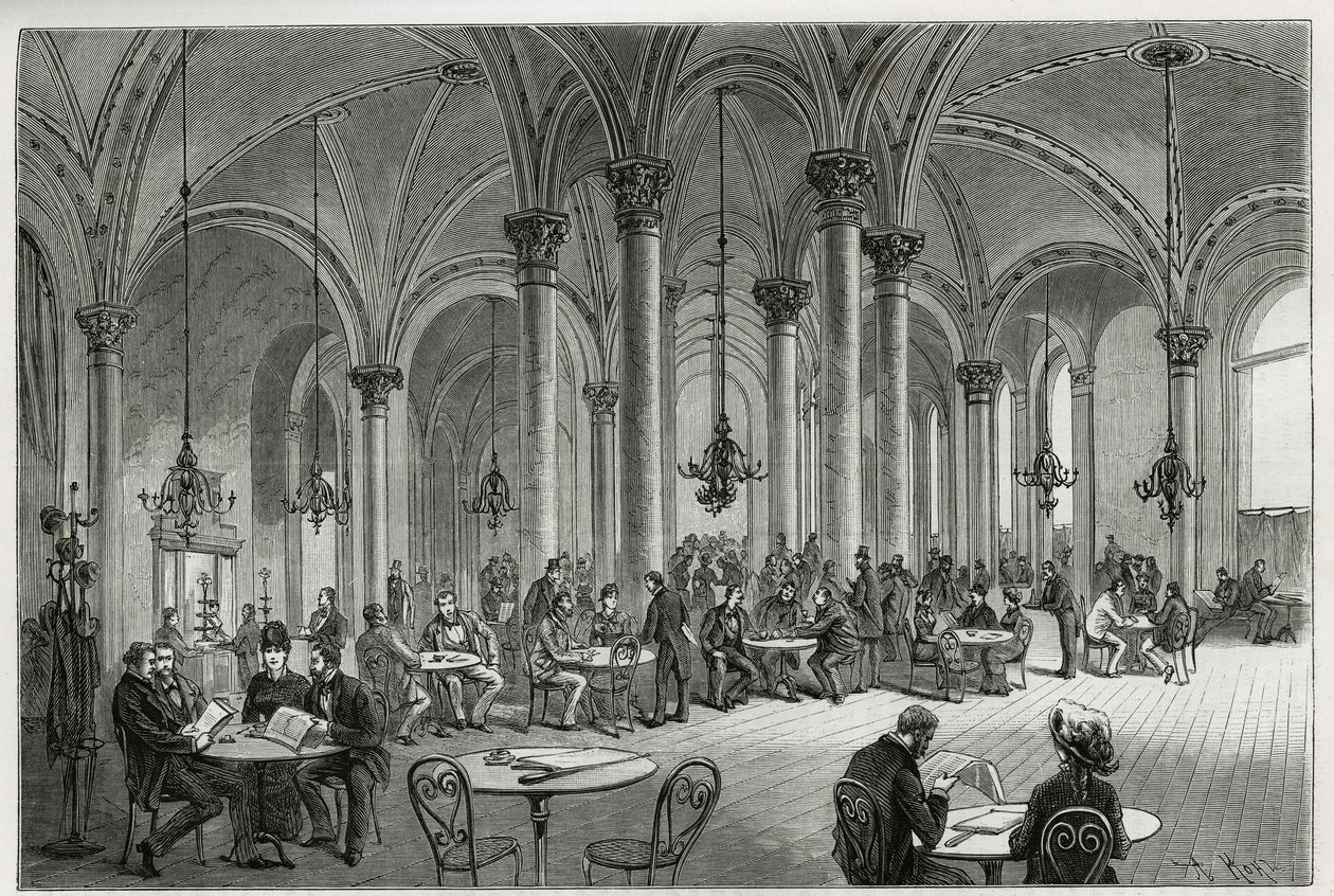 Le café central à Vienne (Autriche). Gravure par Kollarz, pour illustrer l
