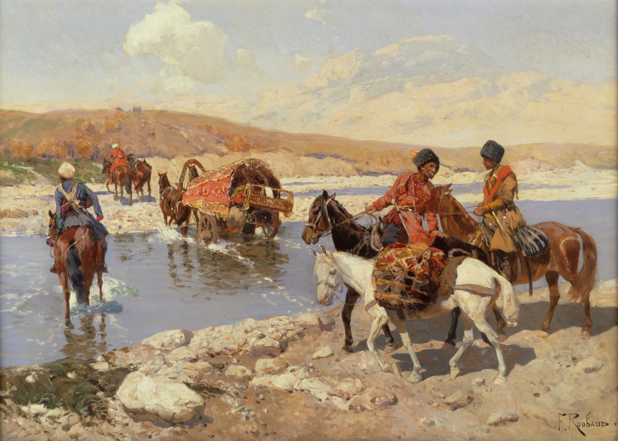 Traverser la rivière (huile sur toile) - Franz Alekseevich Roubaud