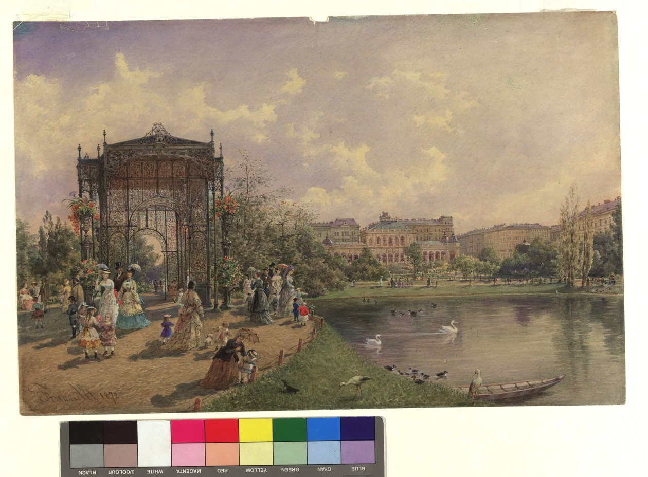 Dans le parc municipal. Détail montrant le pavillon en fer (à gauche) et le Kursalon (à l