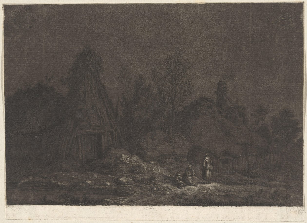 Scène au clair de lune avec des personnages devant une cabane - Franz Edmund Weirotter