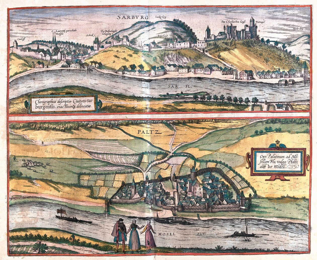 Vue précise de la ville de Saarburg et de la ville de Pfaltz an der Mosel, Allemagne - Franz Hogenberg