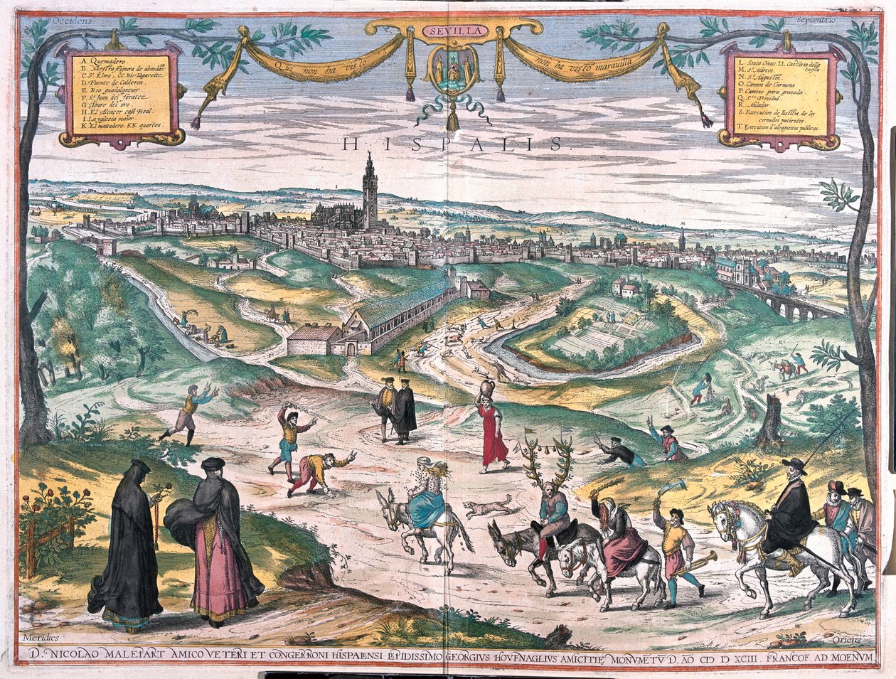 Séville, Espagne. Avec une scène de punition : une entremetteuse ou une adultère, a été enduite de miel et est envahie par les abeilles. Le cocu suit derrière, portant des bois et une chaîne de cloches. La procession est accompagnée de magistrats (gravure) - Franz Hogenberg