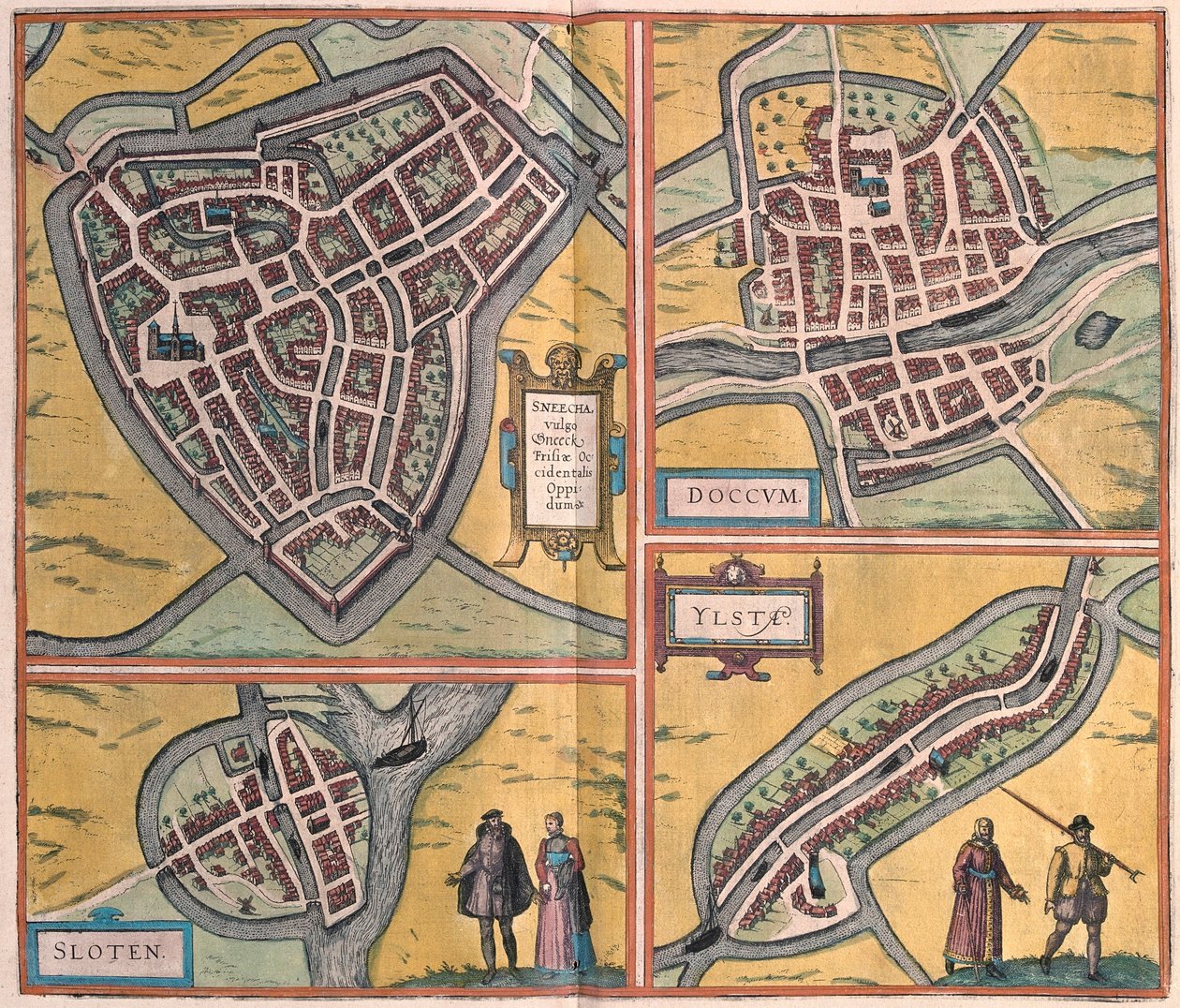 Sneek, Dokkum, Sloten, Ijlst, Pays-Bas (gravure) - Franz Hogenberg