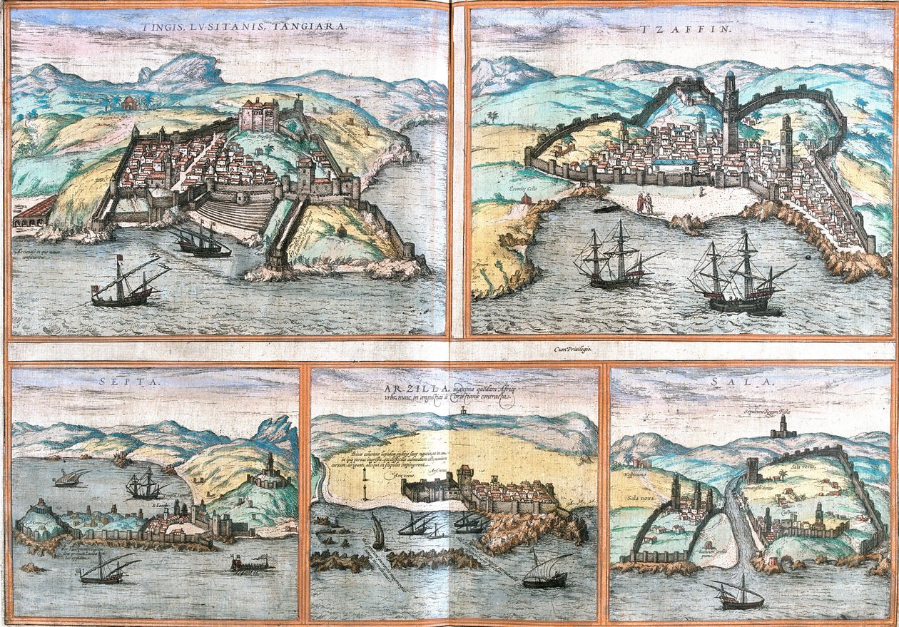 Vue de Tanger et Safi au Maroc, Ceuta (Espagne au Maroc), Arzila ou Asilah et Salé au Maroc - Franz Hogenberg