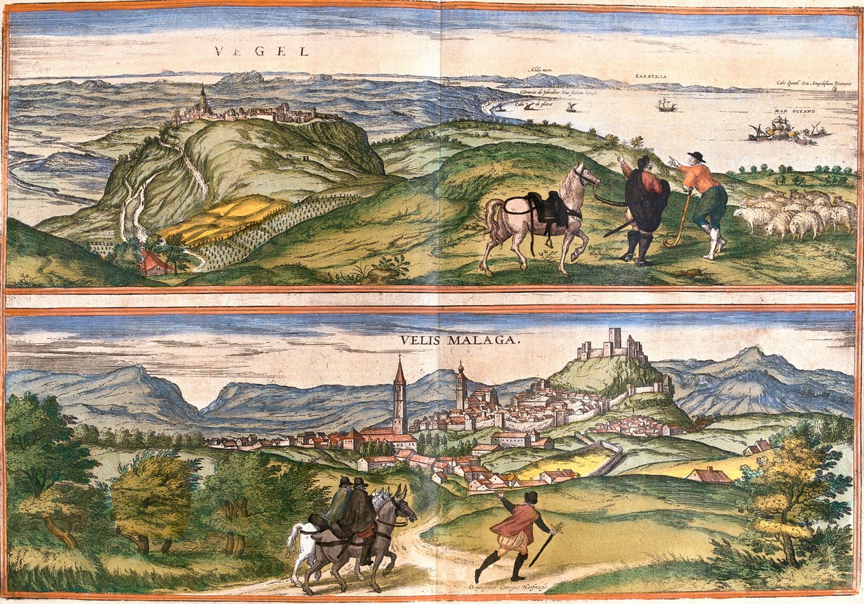 Vue de Vejer de la Frontera (Vegel) et Vélez Málaga (Velis Malaga), Espagne (eau-forte) - Franz Hogenberg