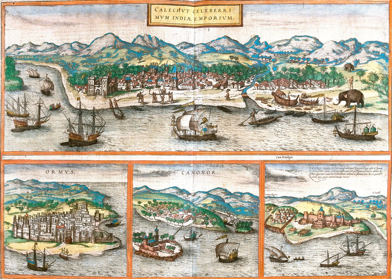 Vues de Kozhikode ou Calicut (Inde), Ormuz (Iran), Cannanore ou Kannur (Inde) et St. George de la mine ou Elmina (Ghana) - Franz Hogenberg