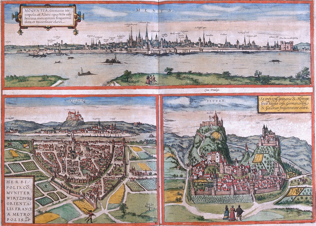 Vues de Mayence (Moguntia), Wurtzbourg, Allemagne et Sion (Sedunum) en Suisse - Franz Hogenberg