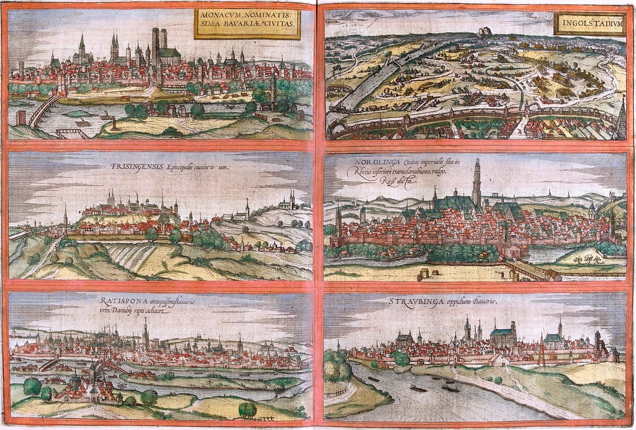 Vues de Munich (Monacum), Ingolstadt (Ingolstadium), Freising (Frisingensis), Nordlingen (Nordlinga), Ratisbonne (Ratispona) et Straubing (Stravbinga), Allemagne - Franz Hogenberg