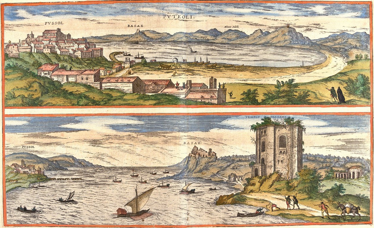 Vues de Pozzuoli (Puteoli) et Baies (Baiae) (actuelle Baia), Italie, avec les vestiges antiques des thermes du golfe de Naples et une forteresse - Franz Hogenberg