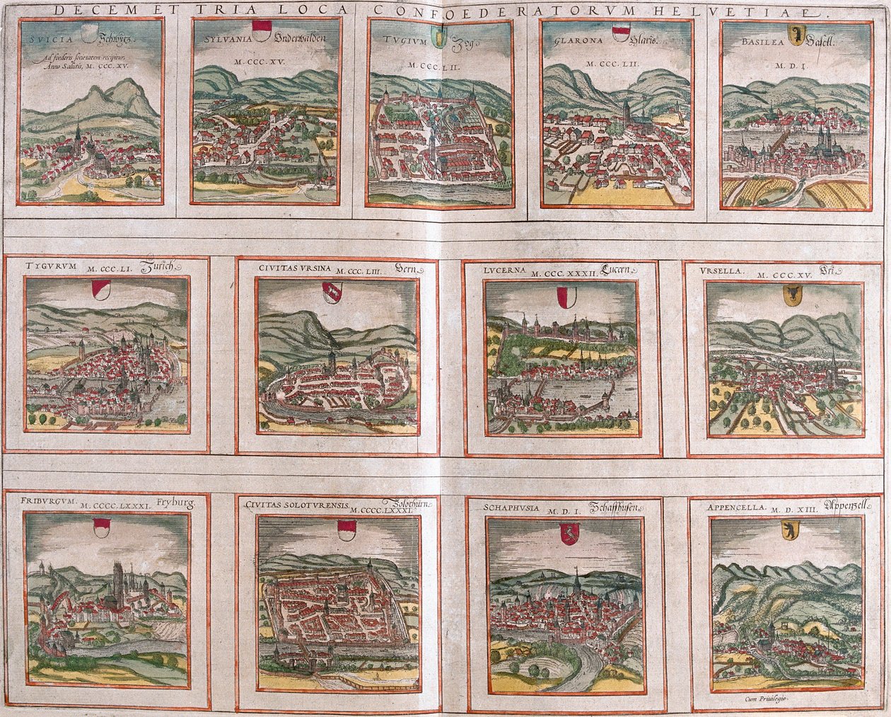 Vues des principales villes de la Confédération suisse : Schwytz (Svicia), Zoug (Tugium), Glaris (Glarona), Bâle (Basilea), Zurich (Tugurum), Berne (Ursina), Lucerne (Lucerna), Uri (Ursella), Fribourg (Frigurgum), Soleure (Soloturensis), Schaffhouse (Schap - Franz Hogenberg