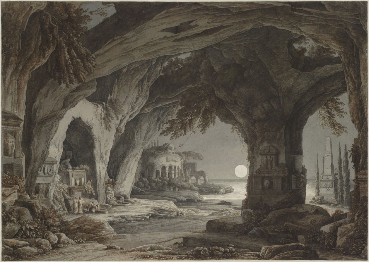 Paysage idéal avec grotte rocheuse, tombes et ruines au clair de lune, vers 1790 - Franz Innocenz Josef Kobell