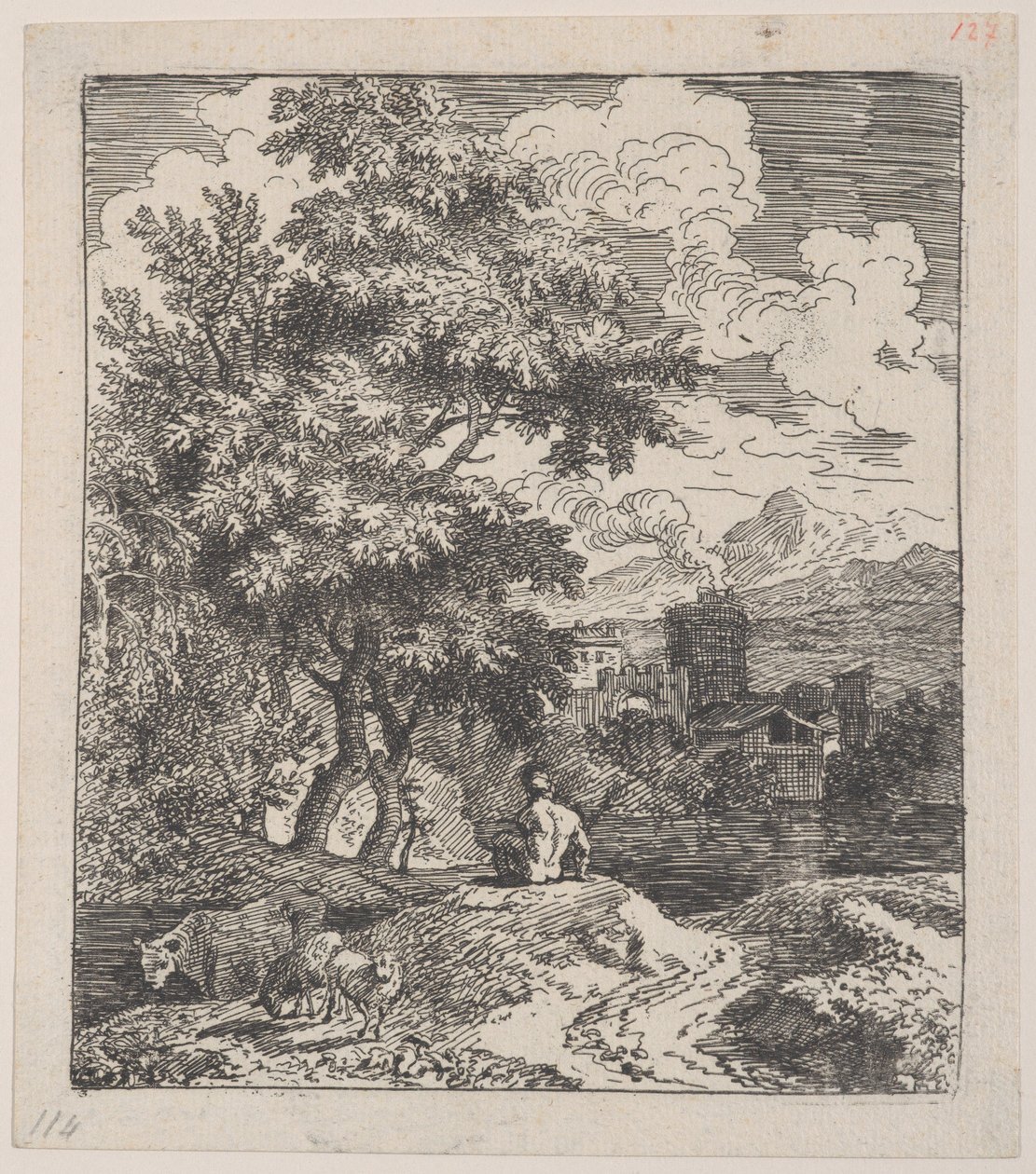 Planche 3 : un berger assis sur une colline, une vache et deux moutons à gauche, et une ville à droite, ca. 1700-25 - Franz Joachim Beich