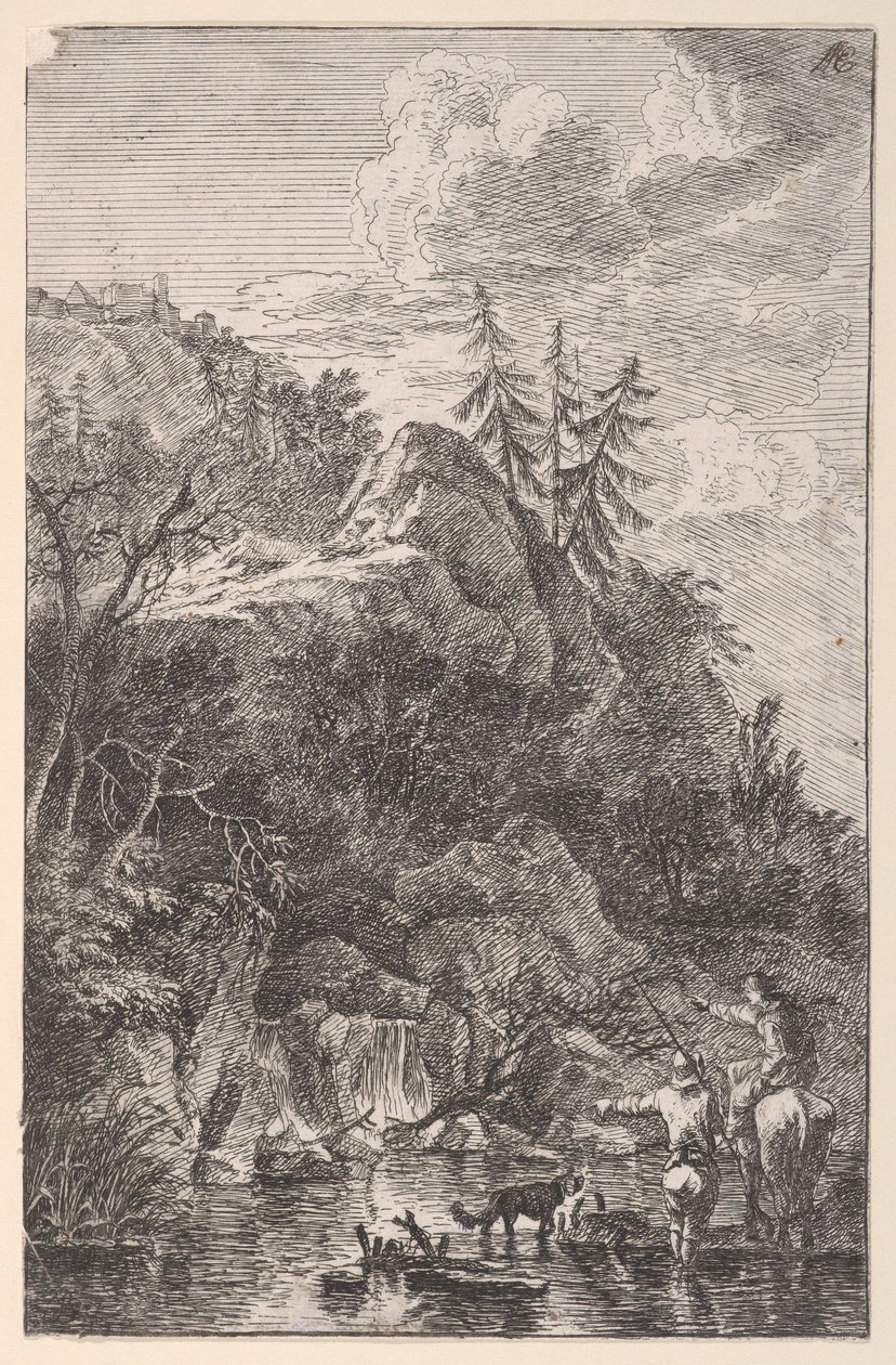 Planche 5 : figure féminine à cheval et figure masculine avec un chien debout dans une rue..., vers 1700-25 - Franz Joachim Beich