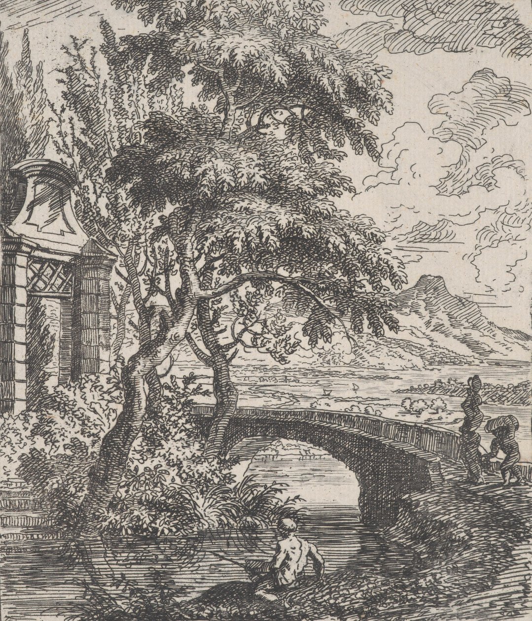 Planche 7 : deux figures à droite sur le point de traverser un pont en pierre, un pêcheur dans le... - Franz Joachim Beich
