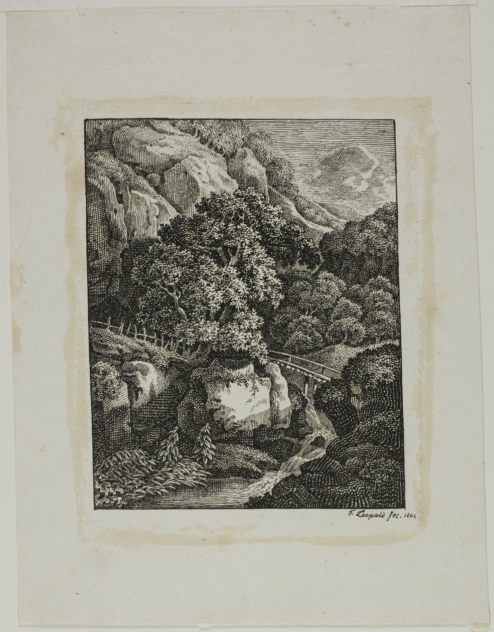 Paysage montagneux boisé avec une petite cascade et un sentier - Franz Joseph Leopold