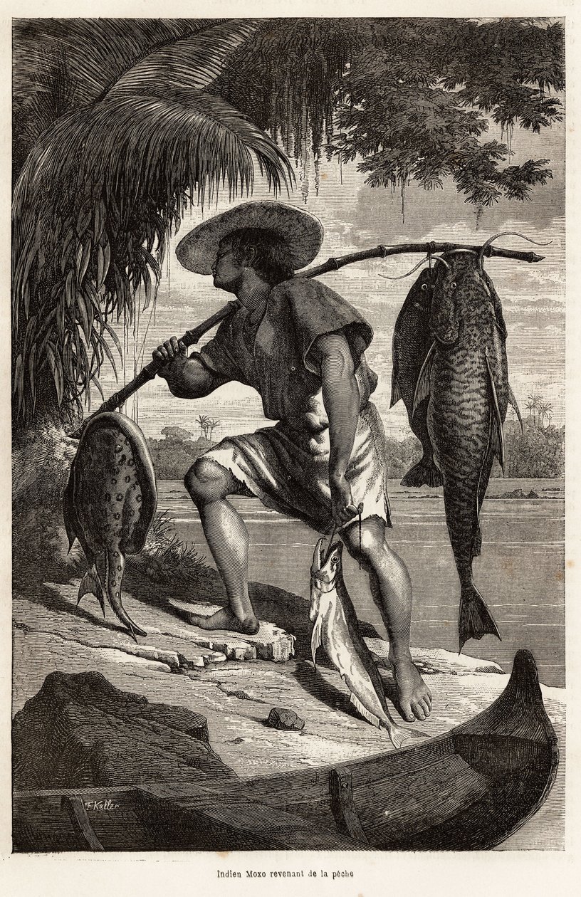 Indien Moxo (Mojo, Moxeno) (de la région du Mato Grosso) revenant de la pêche, gravure d