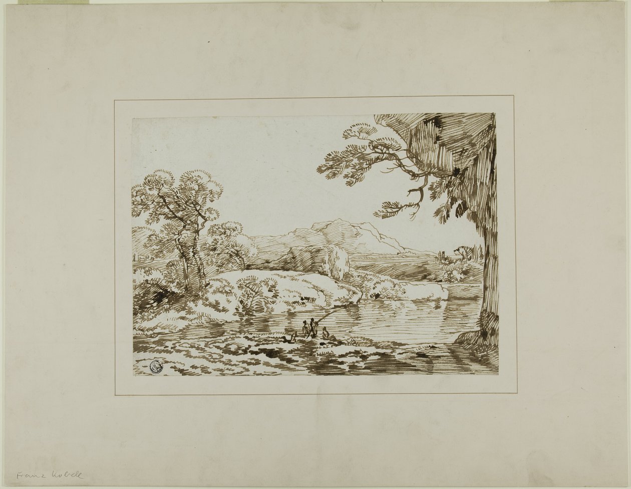 Paysage avec rivière, collines lointaines et personnages pêchant au premier plan - Franz Kobell
