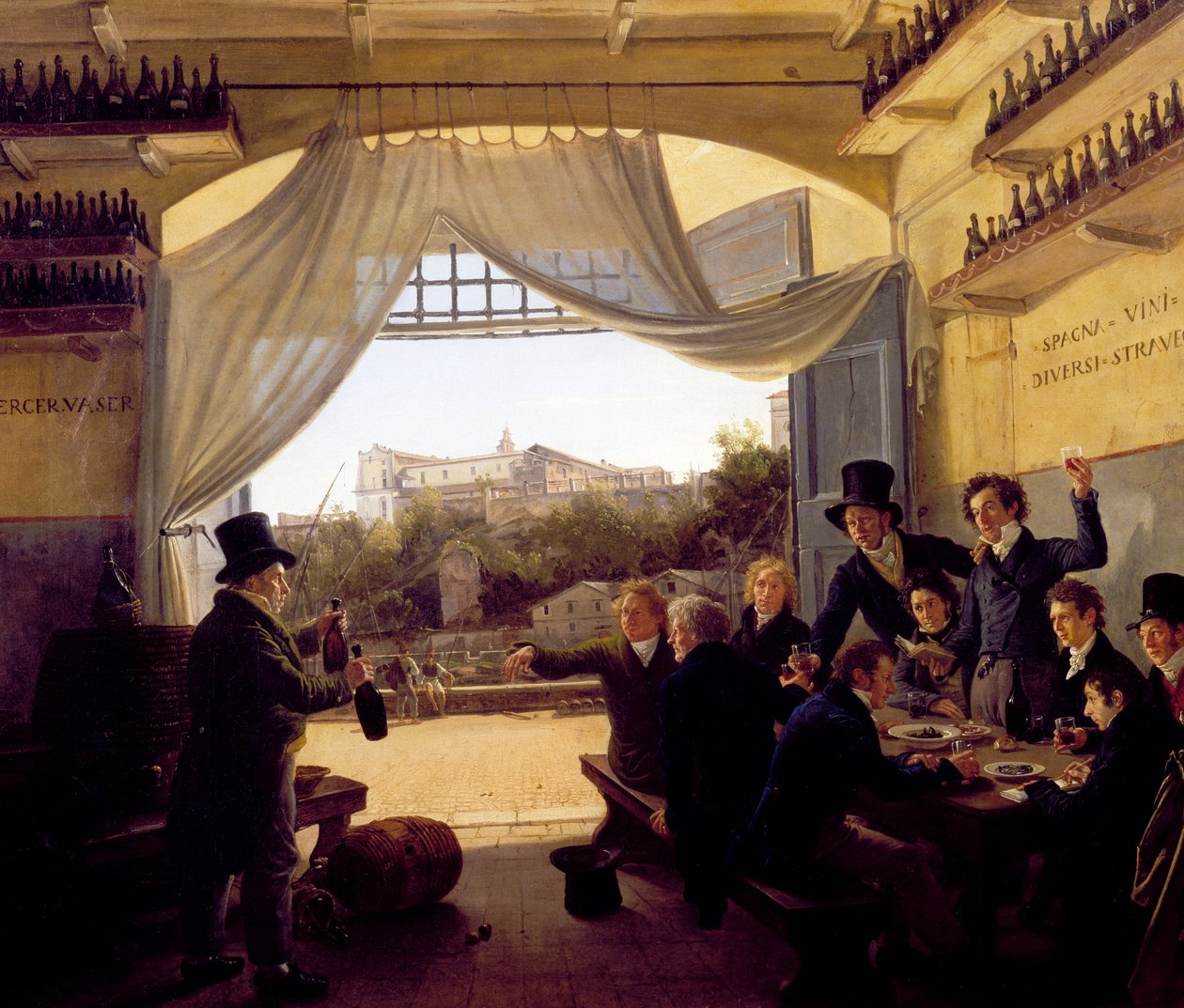 Louis II de Baviere trinque avec des amis dans la taverne du vin espagnol a Rome. 1824 (huile sur bois) - Franz Ludwig Catel