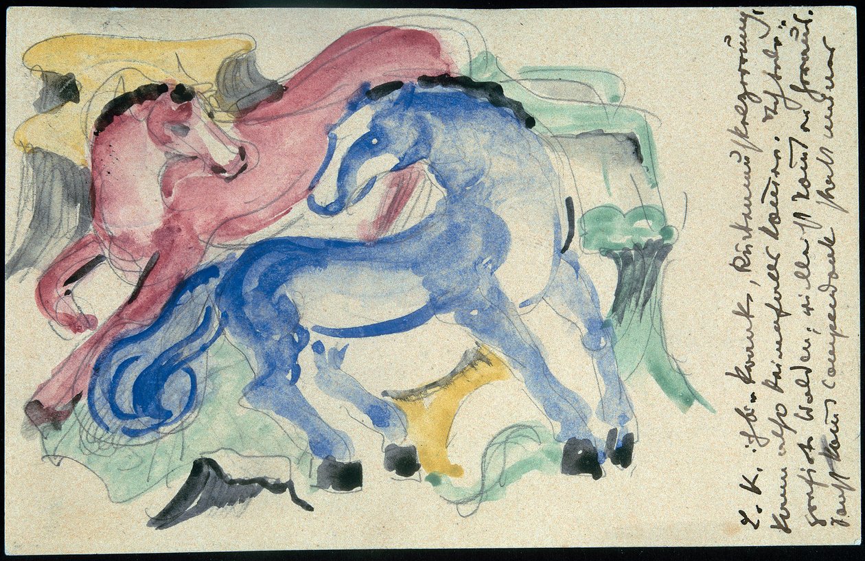"Cheval rouge et bleu", Franz Marc de Sindelsdorf à Wassily Kandinsky à Munich: Carte postale, cachet postal 05.04.1913 - Franz Marc