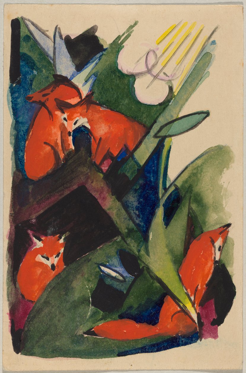 « Quatre renards », Franz Marc de Sindelsdorf à Wassily Kandinsky à Munich : carte postale, cachet postal 04.02.1913 - Franz Marc