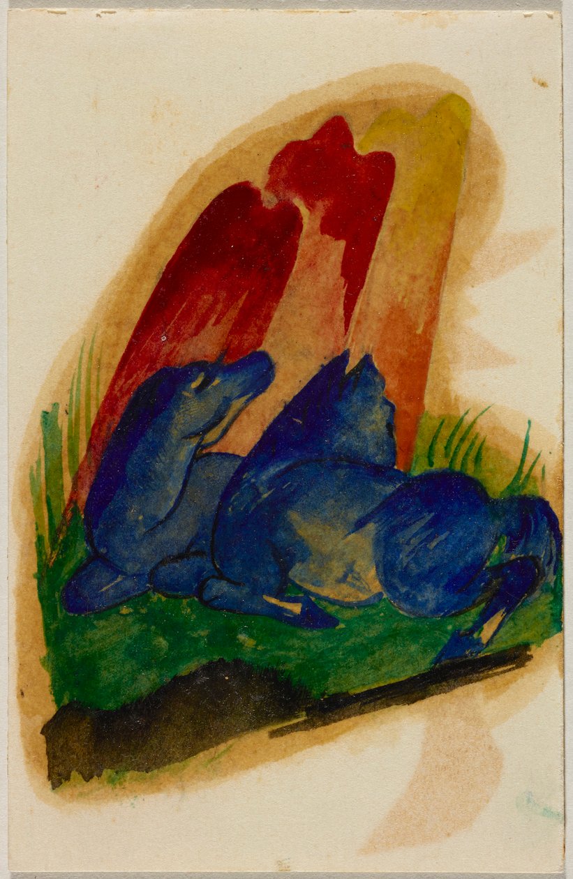 Zwei blaue Pferde vor rotem Felsen, Postkarte aus Sindelsdorf an Wassily Kandinsky in München - Franz Marc
