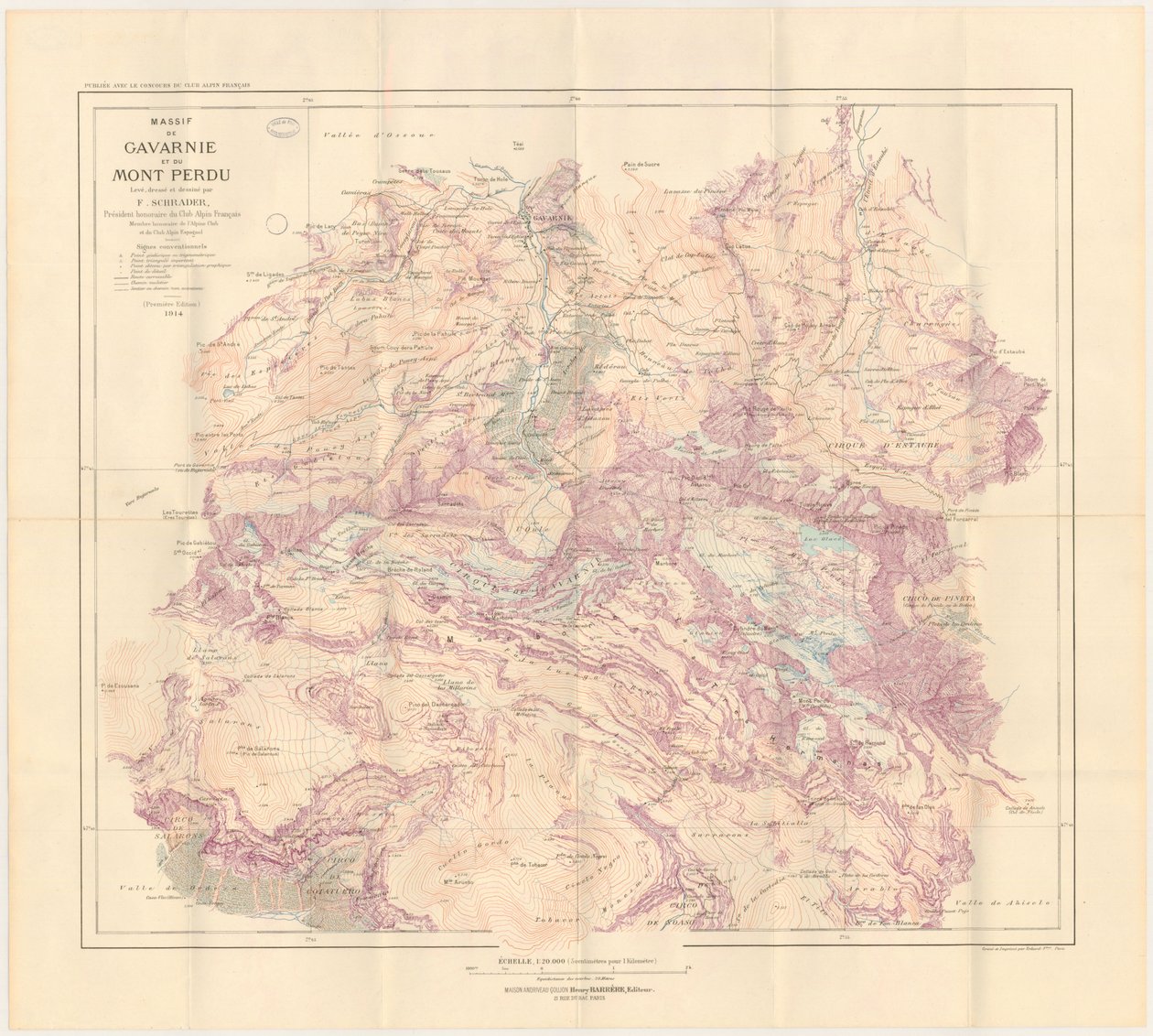 Carte du massif de Gavarnie et du mont Perdu éditée en 1914 - Franz Schrader