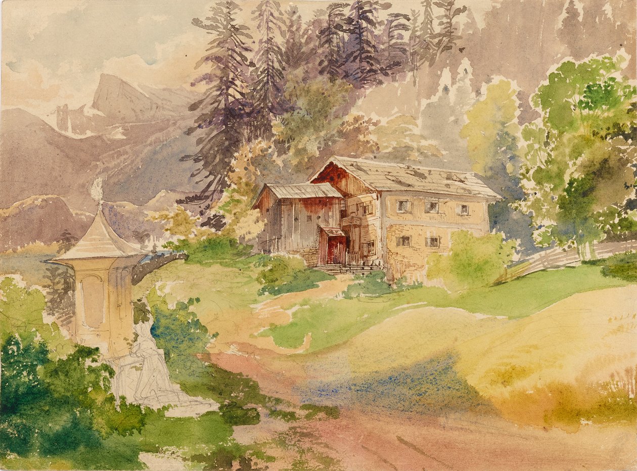 Paysage alpin avec ferme et femme devant un calvaire - Franz Steinfeld