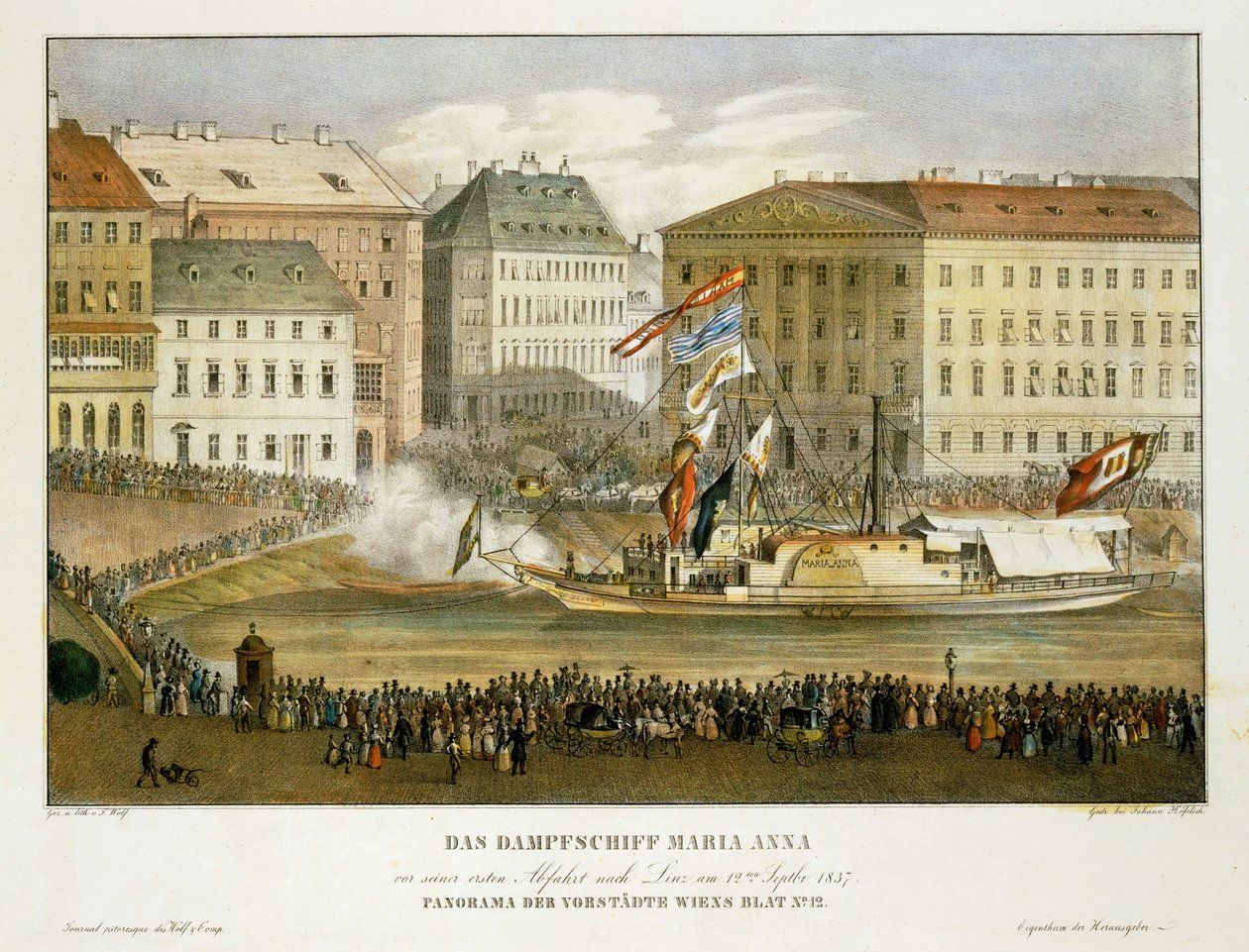 Le bateau à vapeur Maria Anna, départ pour Linz 12 ... (litho) - Franz Wolf