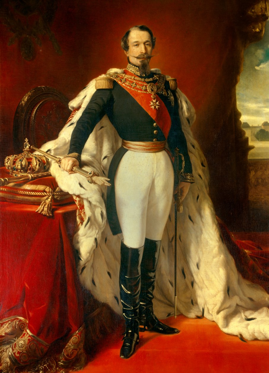 Portrait de Napoléon III (1808-1873), empereur des Français devant une vue du Château de Saint-Cloud. Peinture de Franz Xaver Winterhalter (1806-1873) 1855 Dim. 2,4x1,5 m - Franz Xaver  Winterhalter (after)