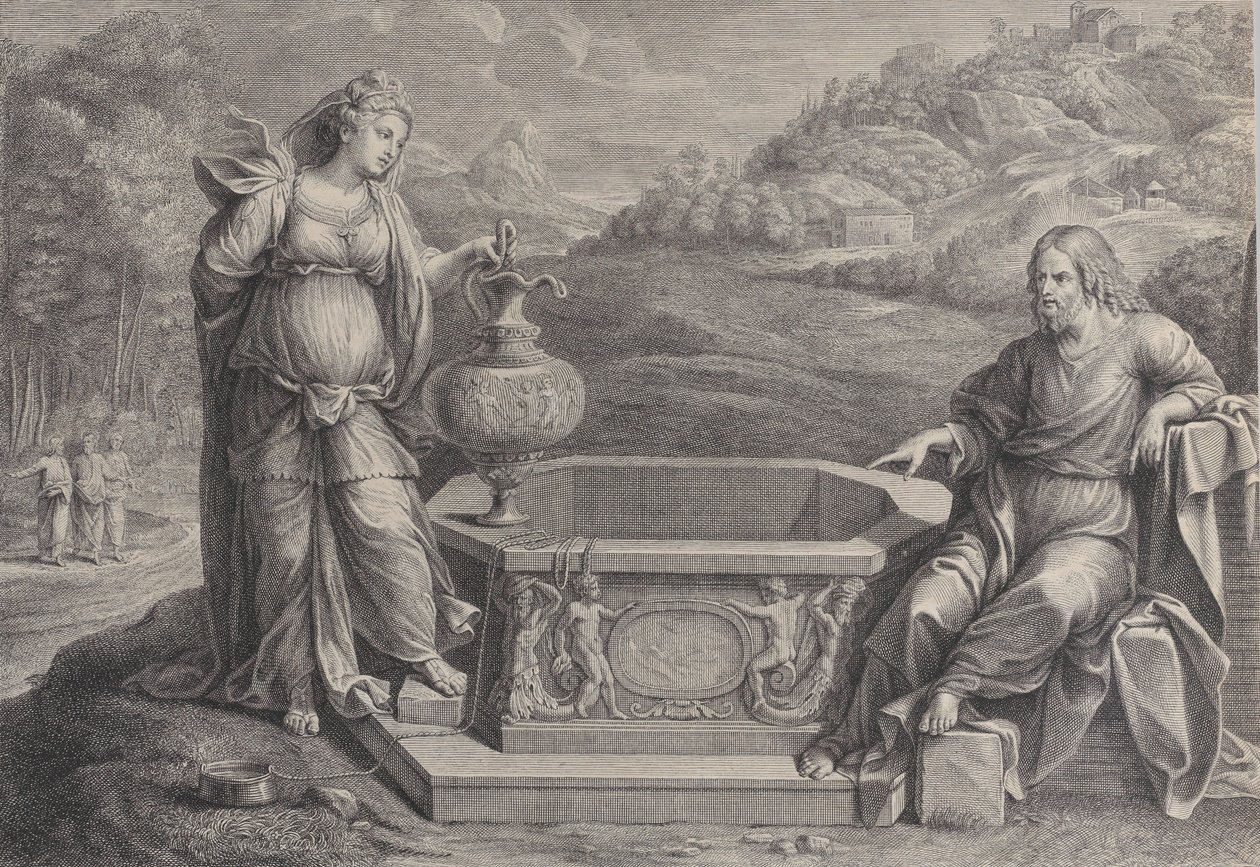 Christ, assis à droite, et la femme de Samarie, debout à gauche, vers 1729 - Frédéric Horthemels