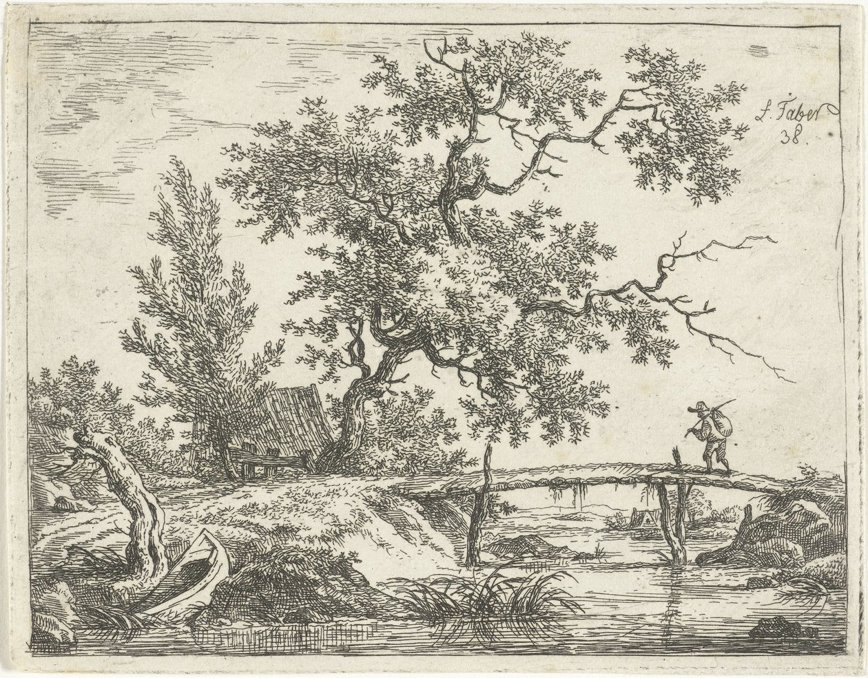Paysage avec homme sur un pont - Frédéric Théodore Faber