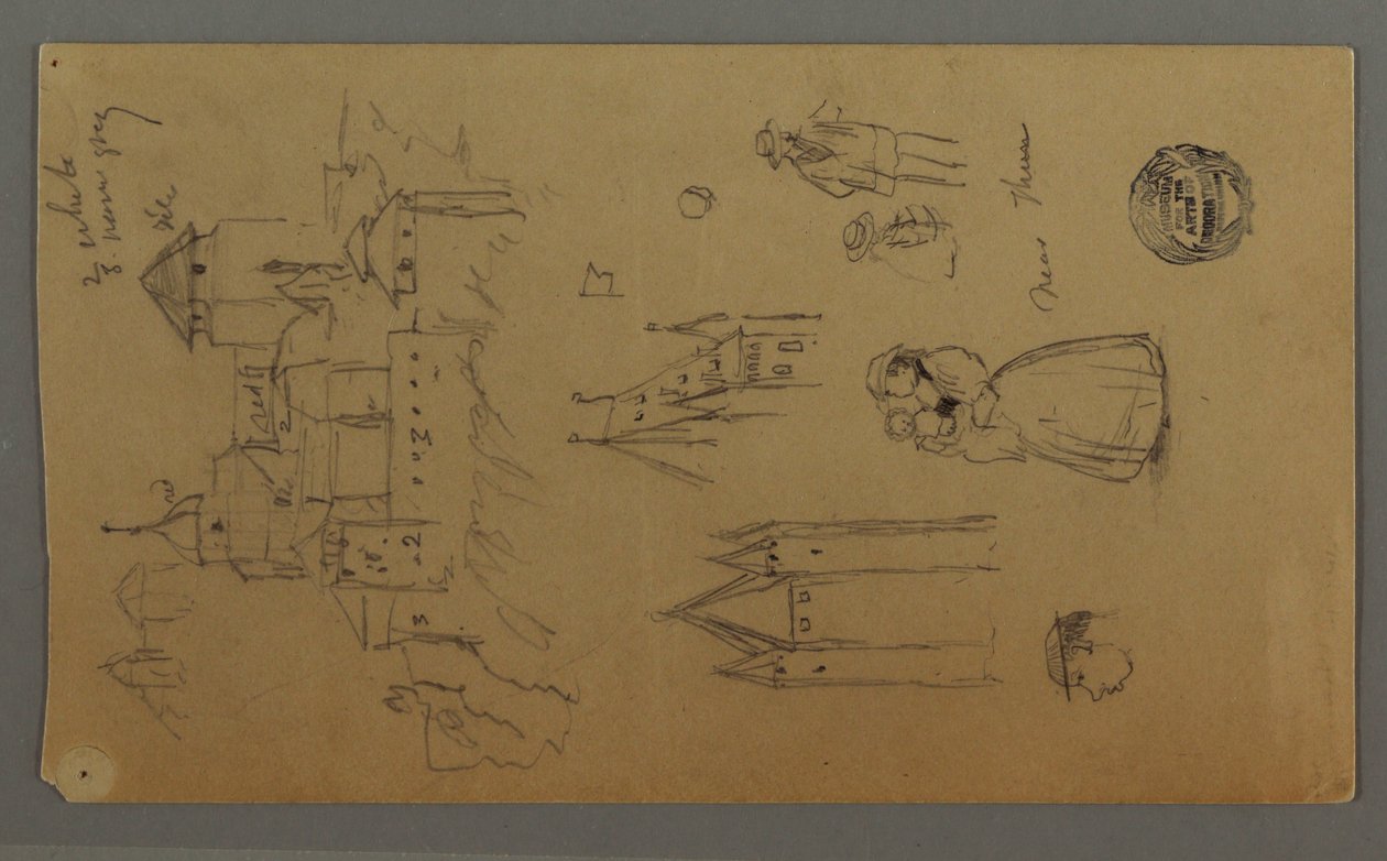 Dessin, château médiéval, deux tours, études de figures, près de Thoune, possiblement 1868 - Frederic Edwin Church