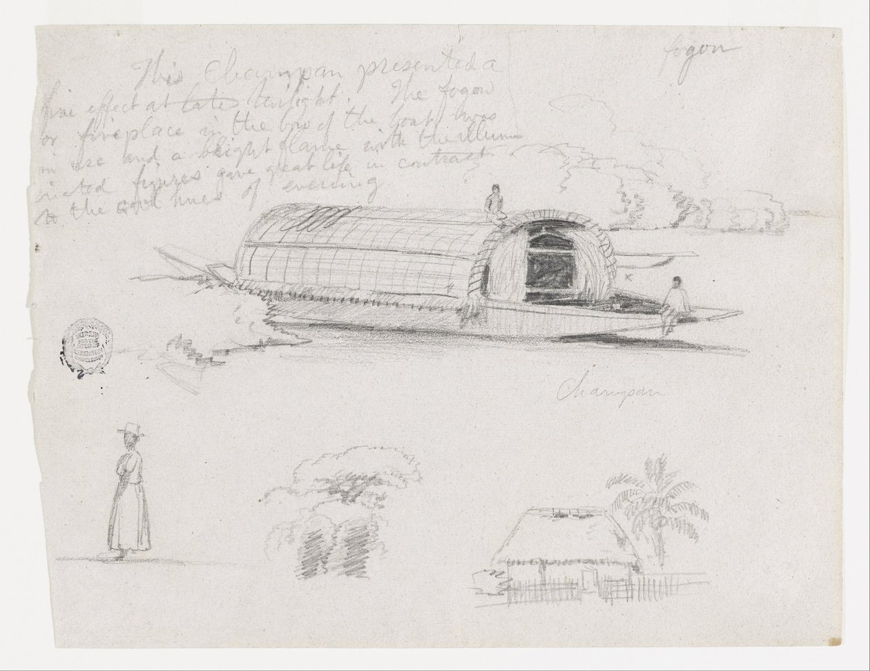Croquis de Colombie - Bateau fluvial (Champan), une femme, groupe d