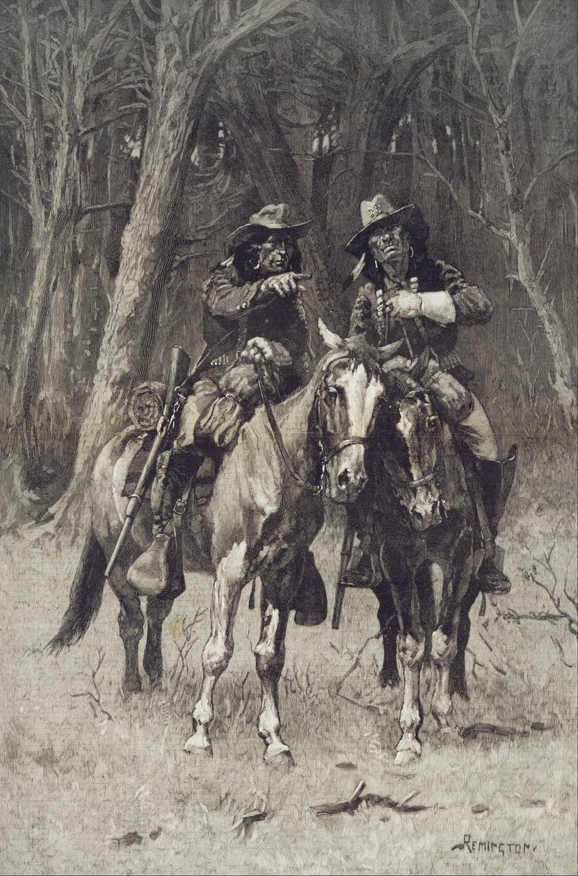 Éclaireurs cheyennes patrouillant le grand bois du nord canadien, Oklahoma - Frederic Remington