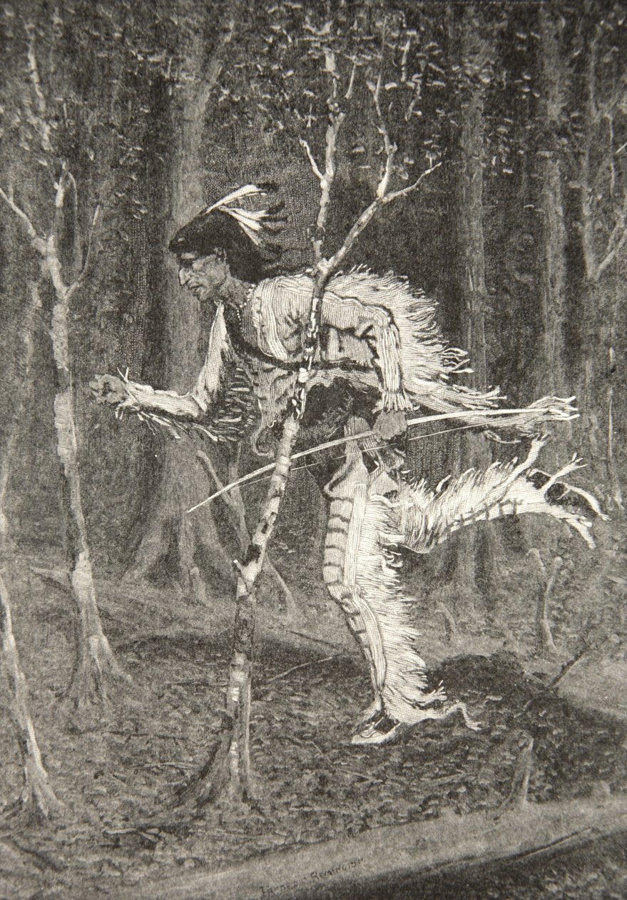 À travers buissons, et fourrés, et forêts, Courait le rusé Pau-Puk-Keewis, de Le Chant de Hiawatha par Henry Wadsworth Longfellow (1807-82), pub. par George G. Harrap und Company Ltd., 1911 - Frederic Remington