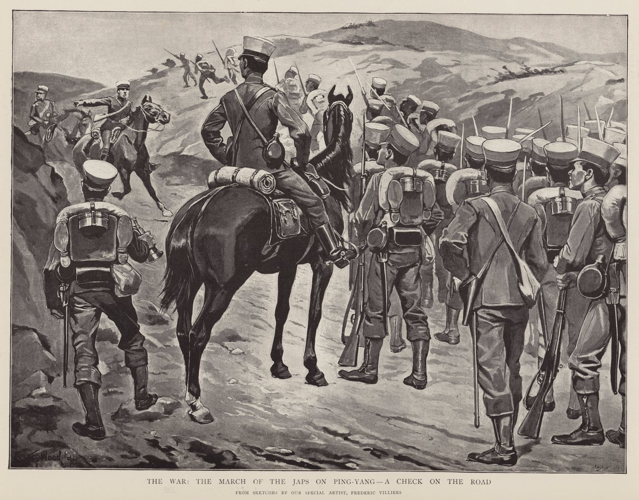 La guerre, la marche des Japs sur Ping-Yang, un contrôle sur la route (litho) - Frederic (after) Villiers