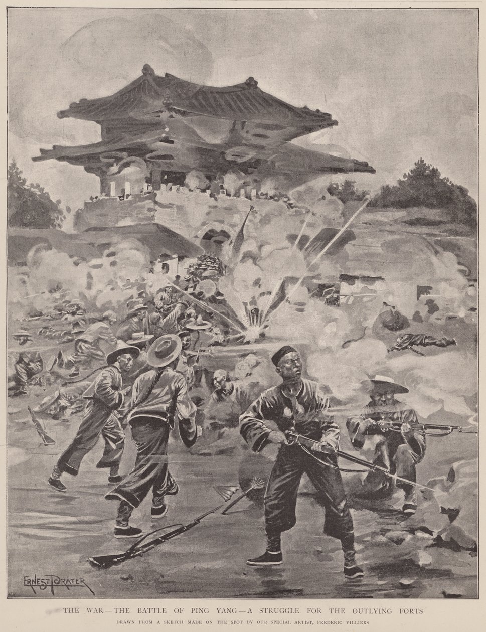 La guerre, la bataille de Ping Yang, une lutte pour les forts périphériques (litho) - Frederic (after) Villiers