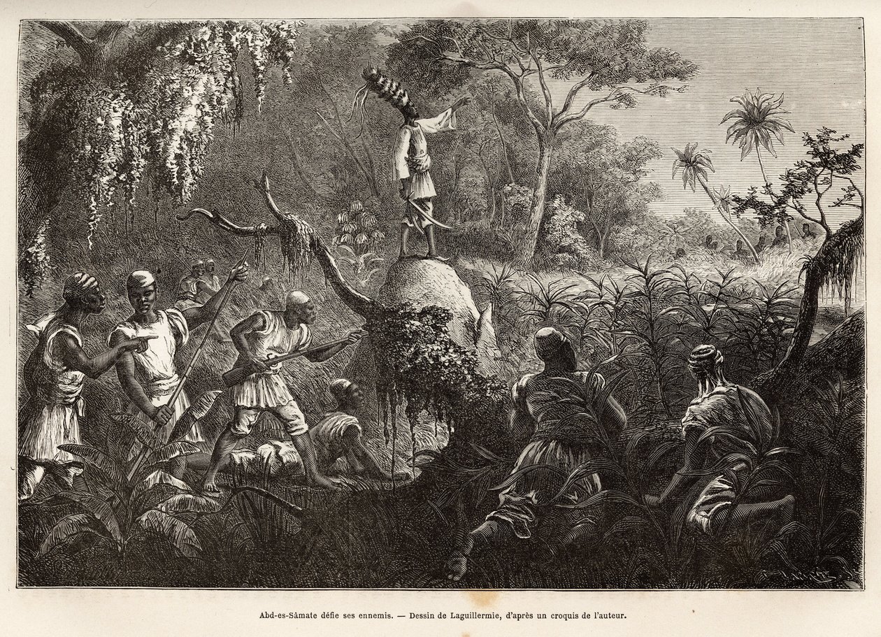 Abd es Samate, ami et lieutenant de Mounza, roi des Mombuttous, défiant ses ennemis les Zandes (ou niam niam) qui leur ont déclaré la guerre, gravure d