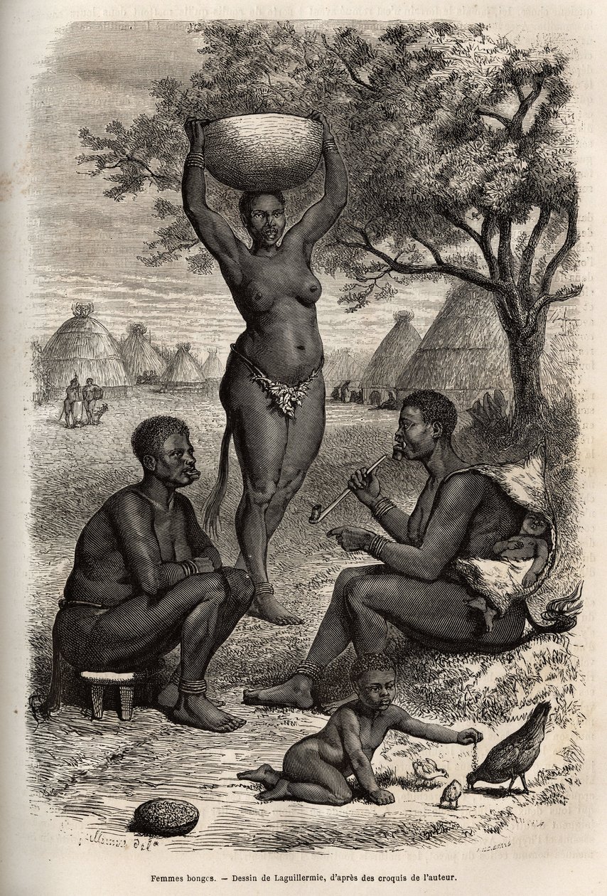 Types et activités des femmes Bongos (Soudan central), avec leurs ornements métalliques, cloches et agrafes qu