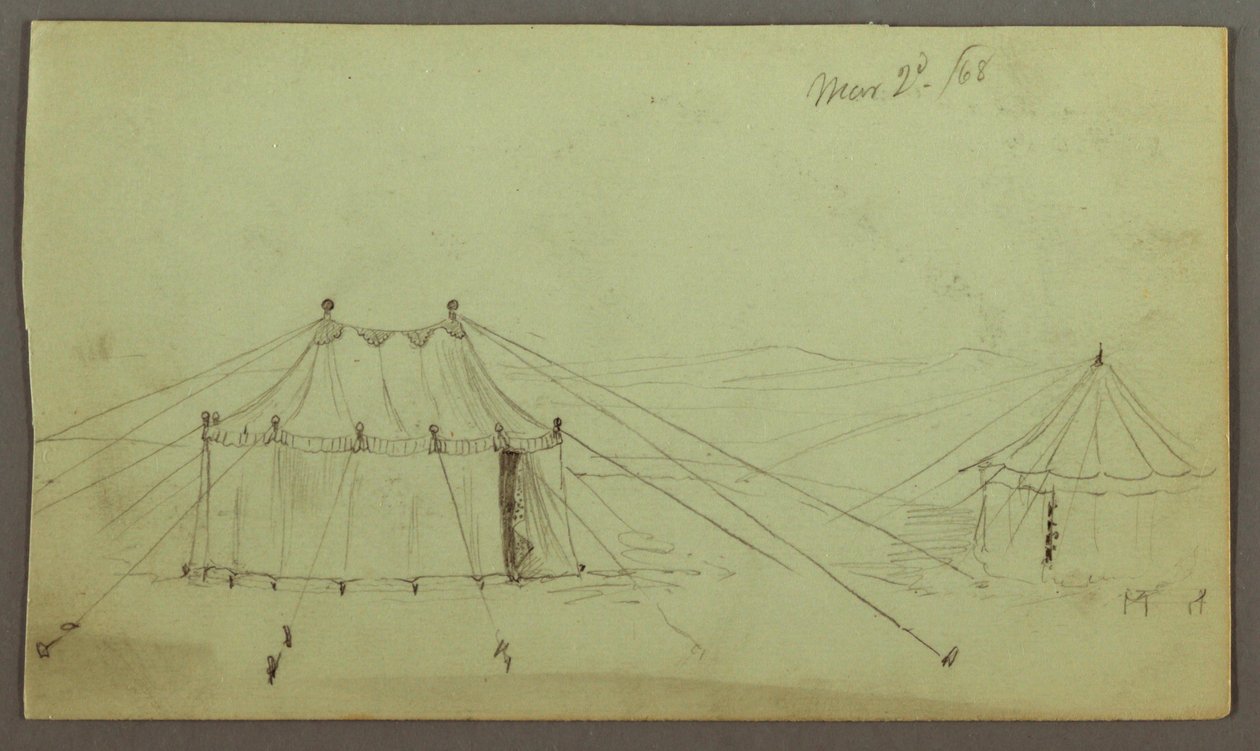 Une tente oblongue décorée et une tente circulaire attachée par des cordes - Frederic Edwin Church