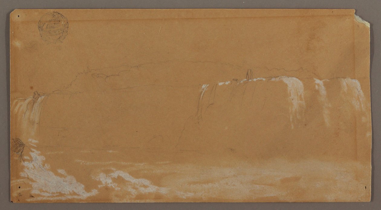 Dessin, chutes américaines, île Goat et partie des chutes en fer à cheval, vues de la rive canadienne de la rivière Niagara, peut-être 1858 - Frederic Edwin Church