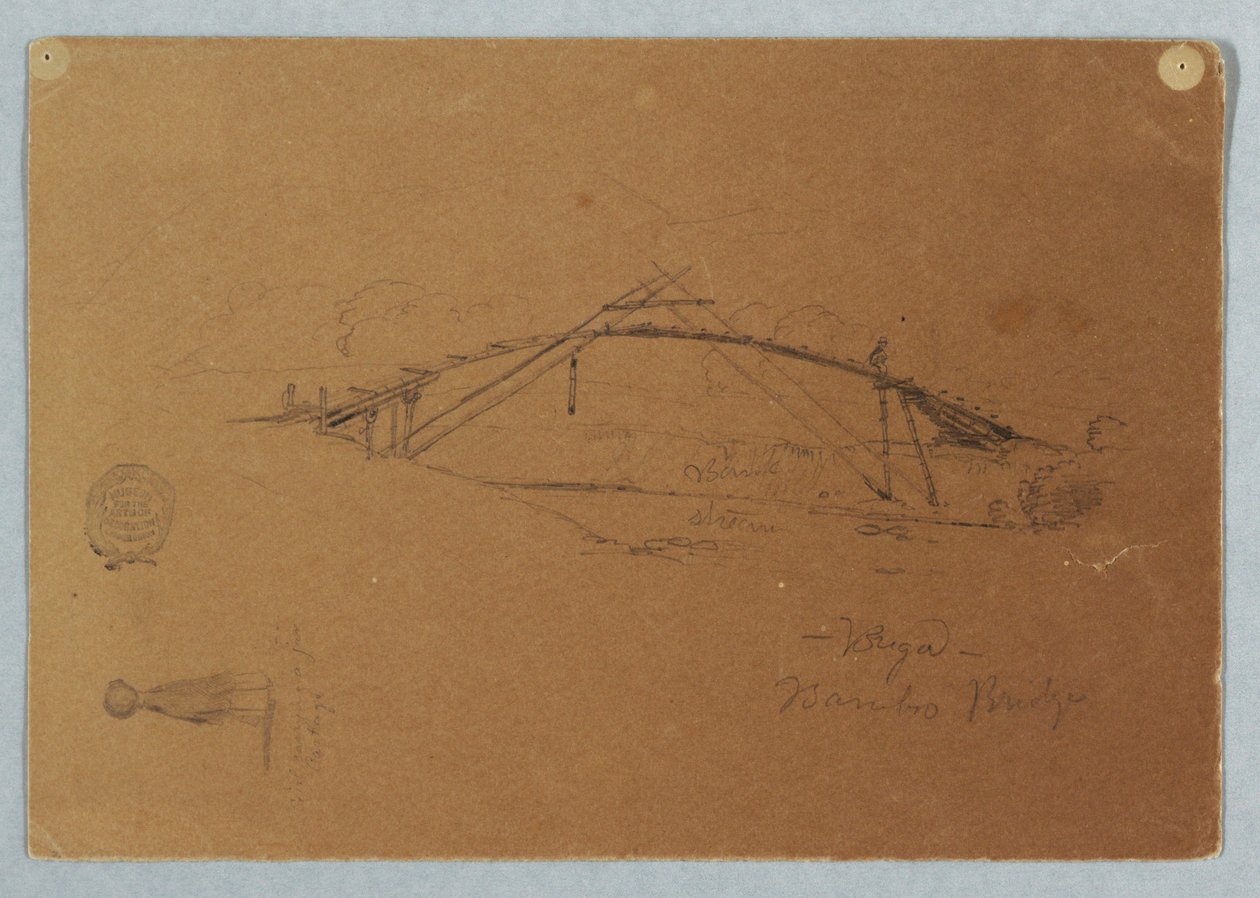 Dessin, pont de bambou à Buga, Colombie et fille portant une jarre, Cartago, Colombie, juillet 1853 - Frederic Edwin Church