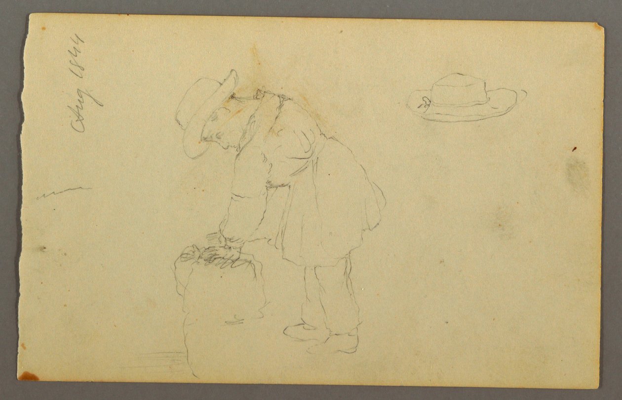 Dessin, garçon appuyé sur un sac, chapeau, 1844 - Frederic Edwin Church