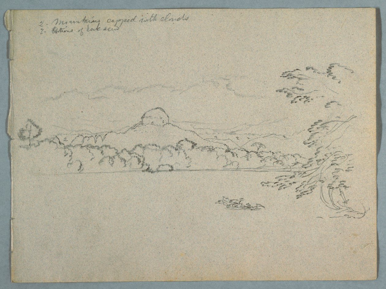 Dessin, Paysage de montagnes sud-américaines couvertes de nuages vu à côté d